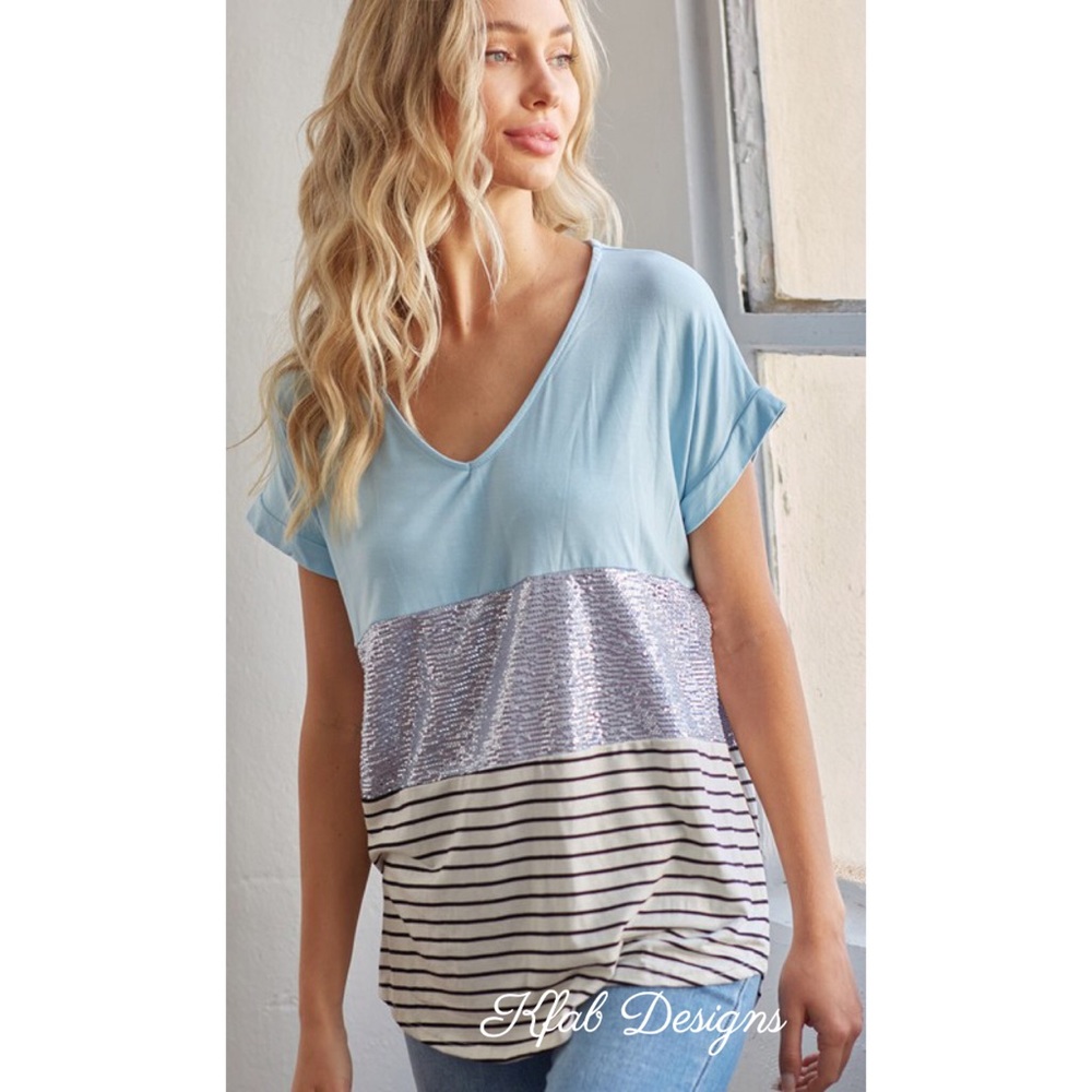 💙LAST 2! Sequins/Stripe V Neck Color Block Top! - Picture 2 of 6